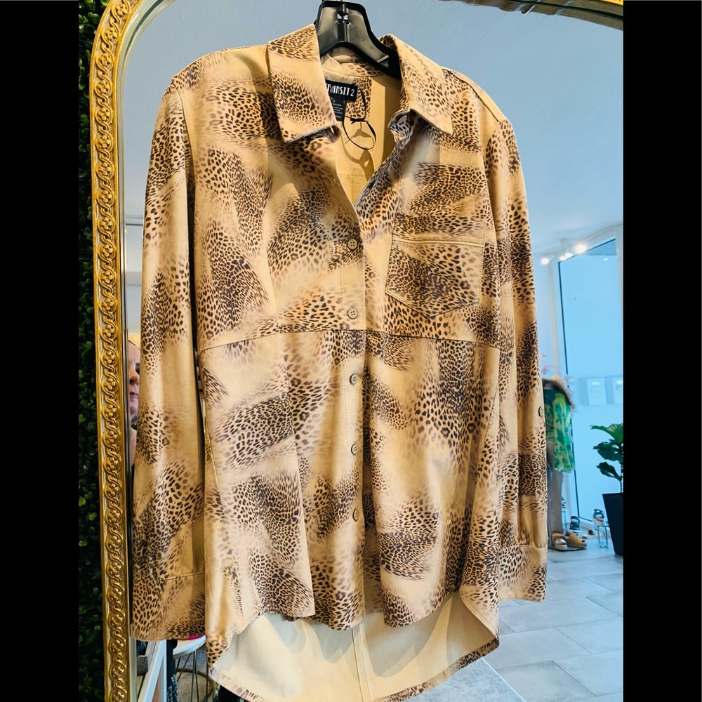 In Transit 2 Animal Leopard Cheetah Print 100% Leather/Suede Button Front Shirt